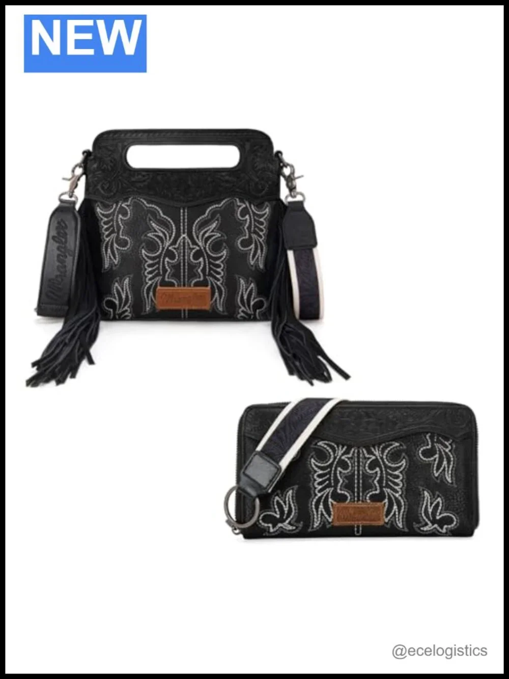 Western Fringe Crossbody Bag with Wallet - Leather Floral Tooled